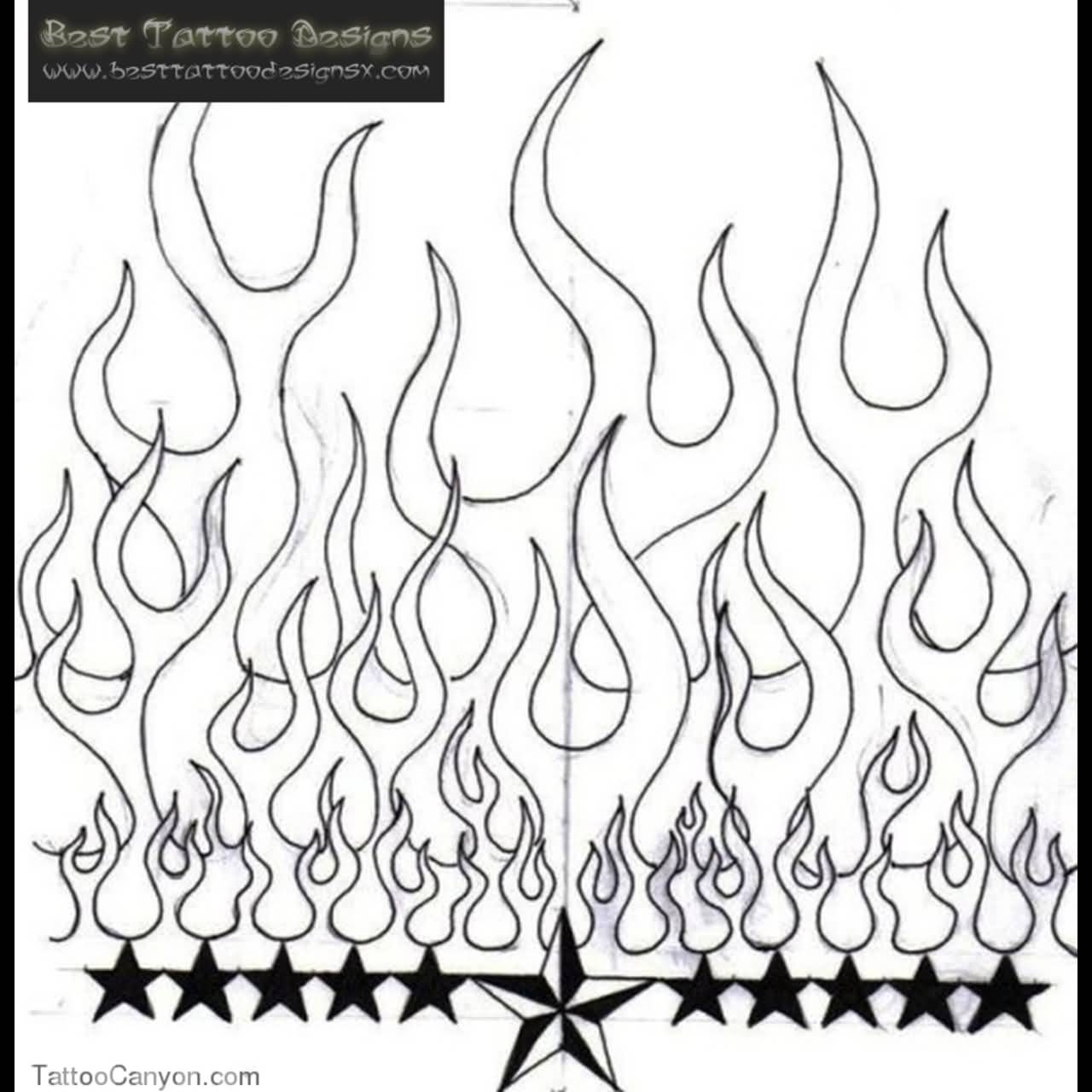 Nautical Stars And Fire Flame Tattoo Stencil