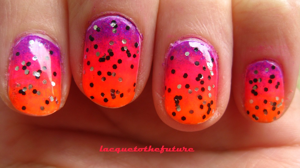 Neon Orange And Purple Gradient Nail Art