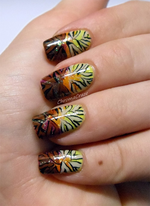 Neon Yellow With Orange And Brown Design Nail Art