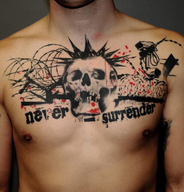 Never Surrender Punk Tattoo On Chest By BlueEyedDove