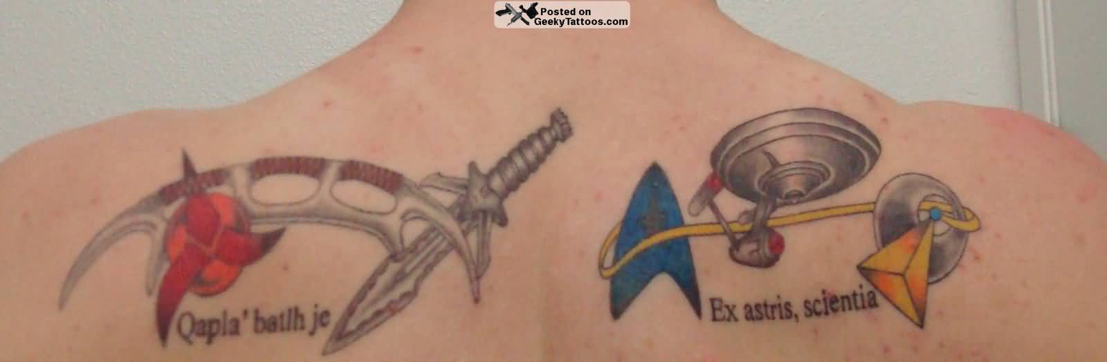 Nice Star Trek Tattoo On Upper Back