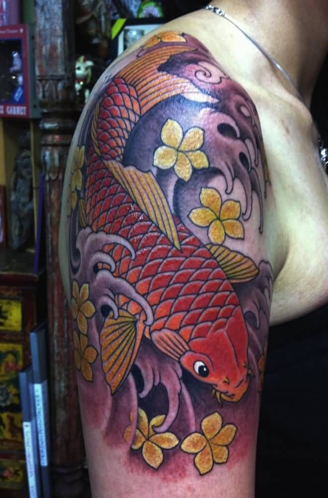 Nice Yellow Flowers And Fish Tattoo On Half Sleeve by Chris Garver