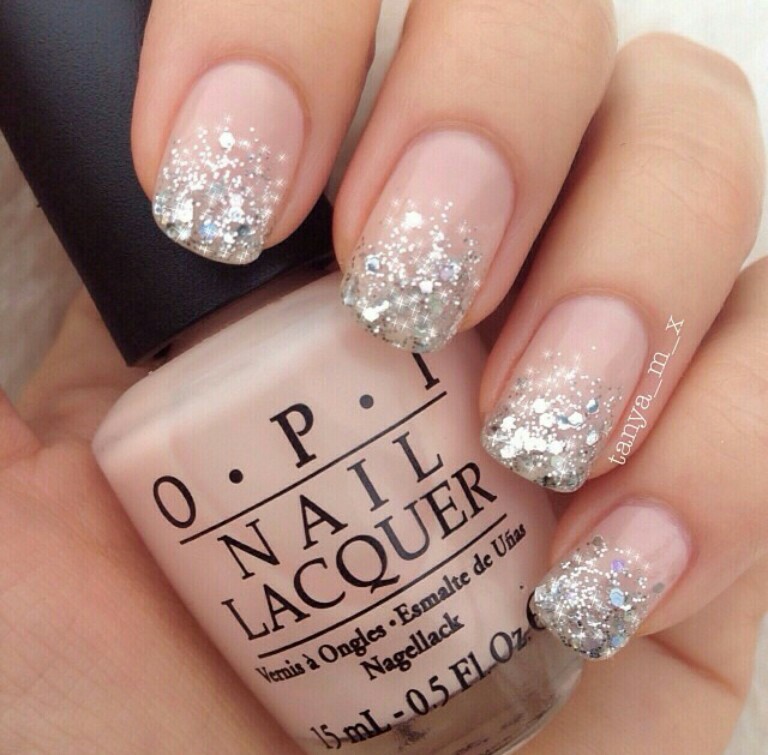 Nude And Silver Glitter Gradient Nail Art