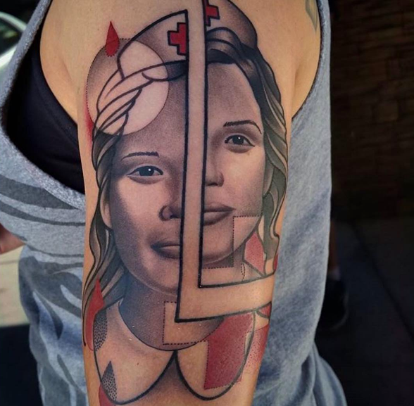 Nurse Tattoo On Left Half Sleeve For Girls