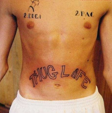 Outline Thug Life Wording Tattoo On Stomach