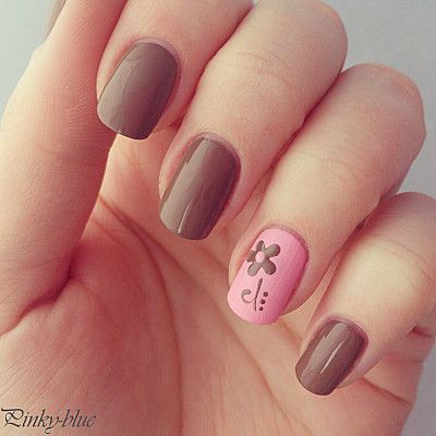 Pink Accent Nail With Brown Floral Design Nail Art