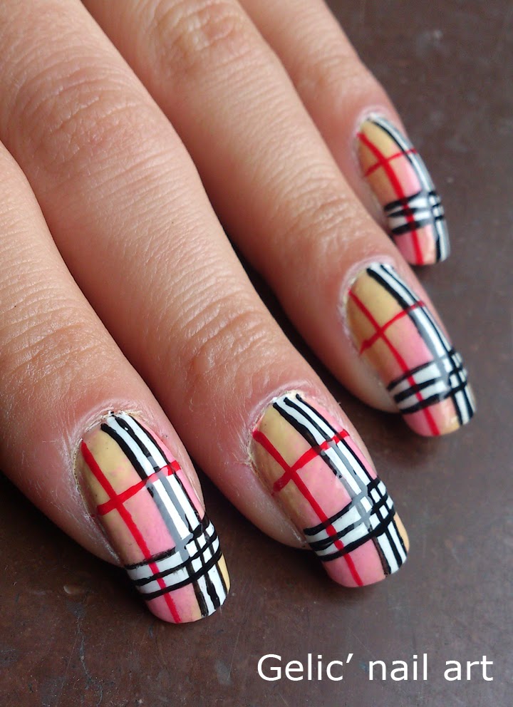 Pink And Beige Burberry Print Design Nail Art