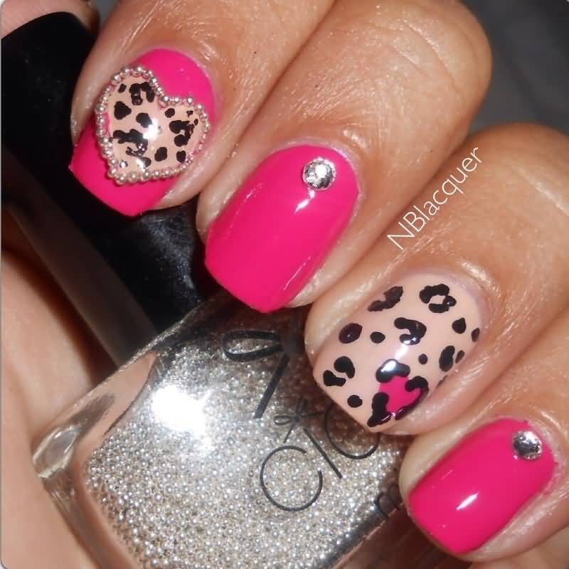 Pink And Beige Leopard Print Heart Nail Art Design