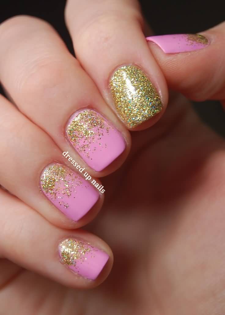 Pink And Gold Glitter Gradient Nail Art