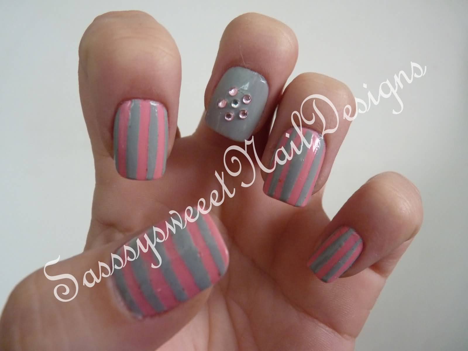 Pink And Gray Stripes Design With Rhinestones Flower