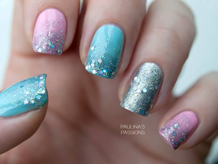Pink And Green Glitter Gradient Nail Art