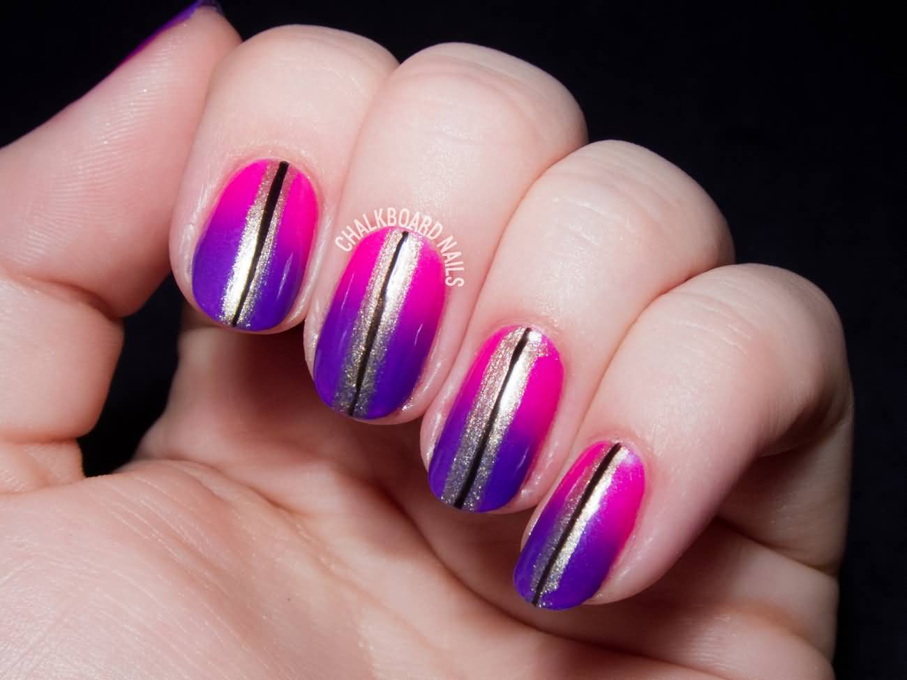Pink And Purple Strip Design Gradient Nail Art