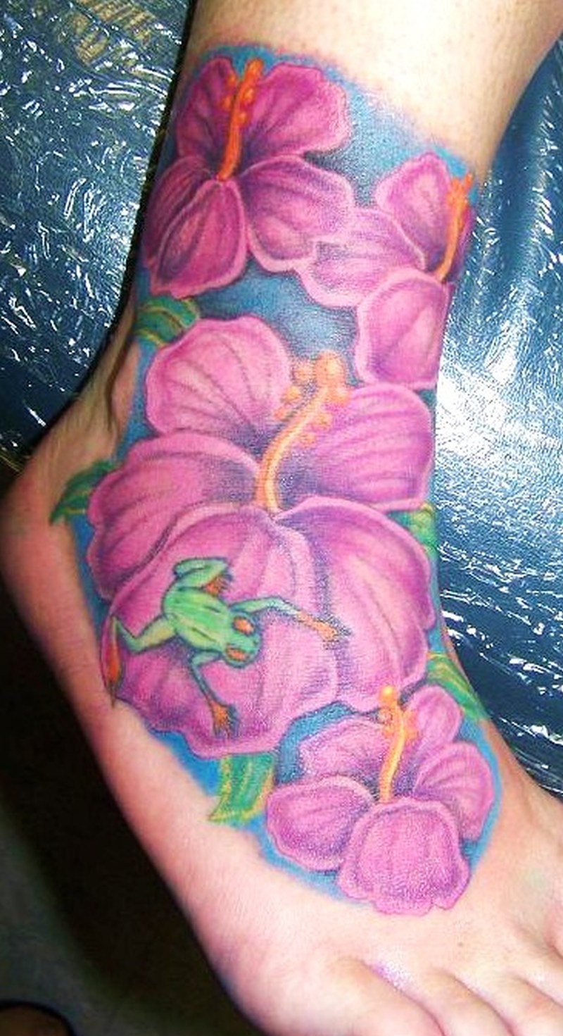 Pink Ink Hibiscus With Frog Tattoo On Foot