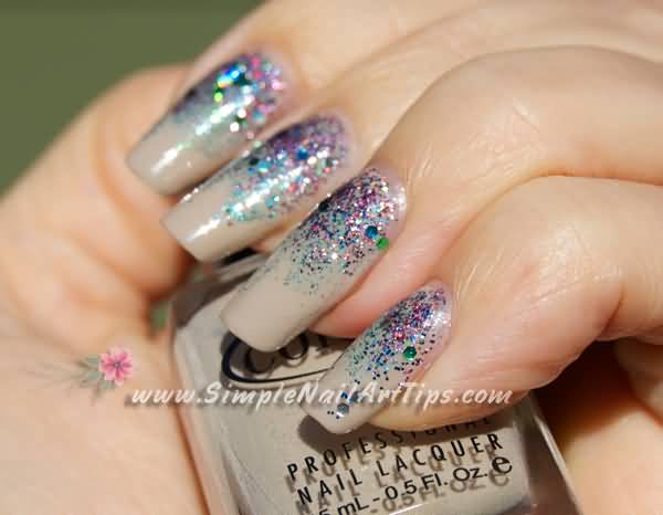 Pink Turquoise Glitter Gradient Nail Art