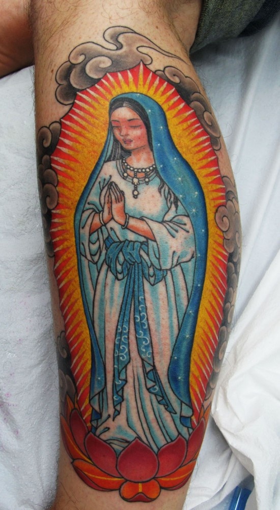 Praying Virgin Mary Tattoo On Leg by Chris Garver