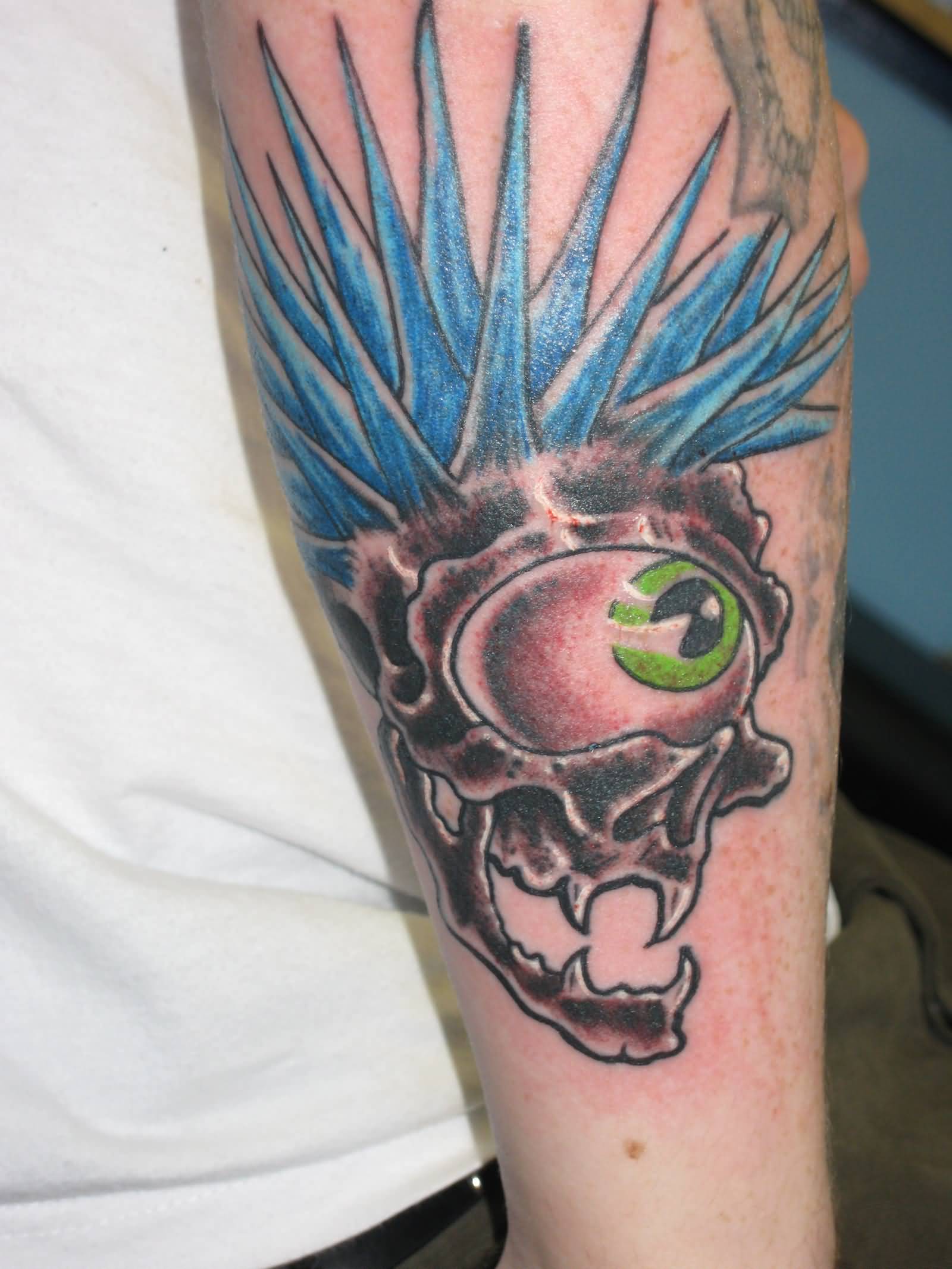 Punk Cyclops Skull Tattoo On Arm Sleeve