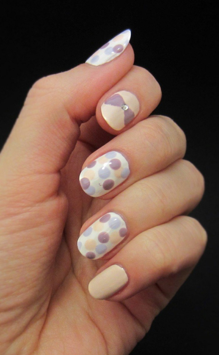 Purple And Beige Polka Dots And Bow Nail Art