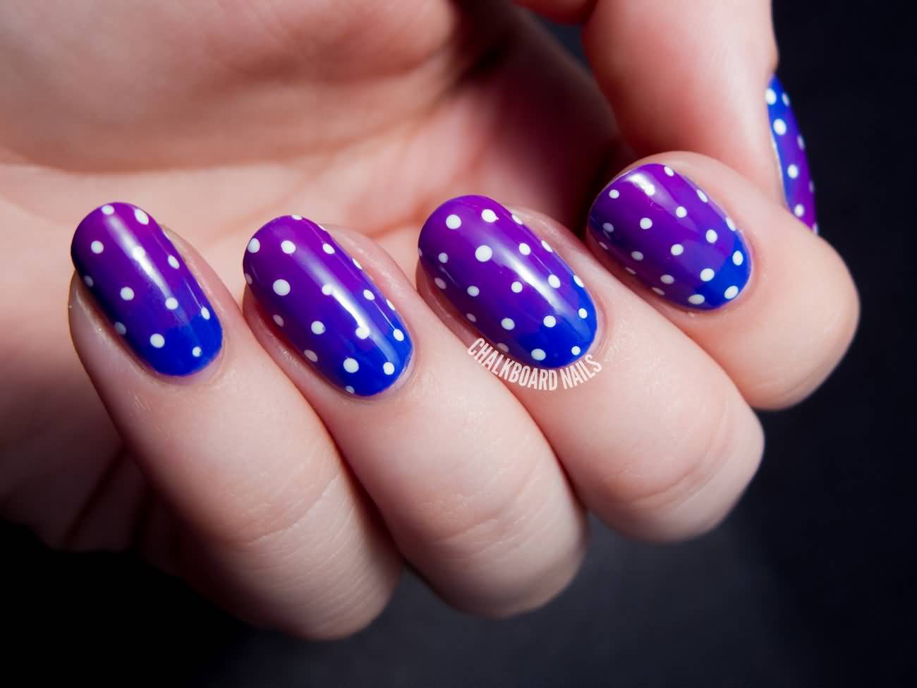 Purple And Blue Polka Dots Gradient Nail Art