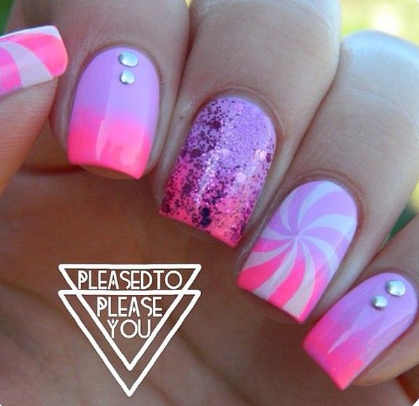 Purple And Pink Gradient Nail Design With Studs
