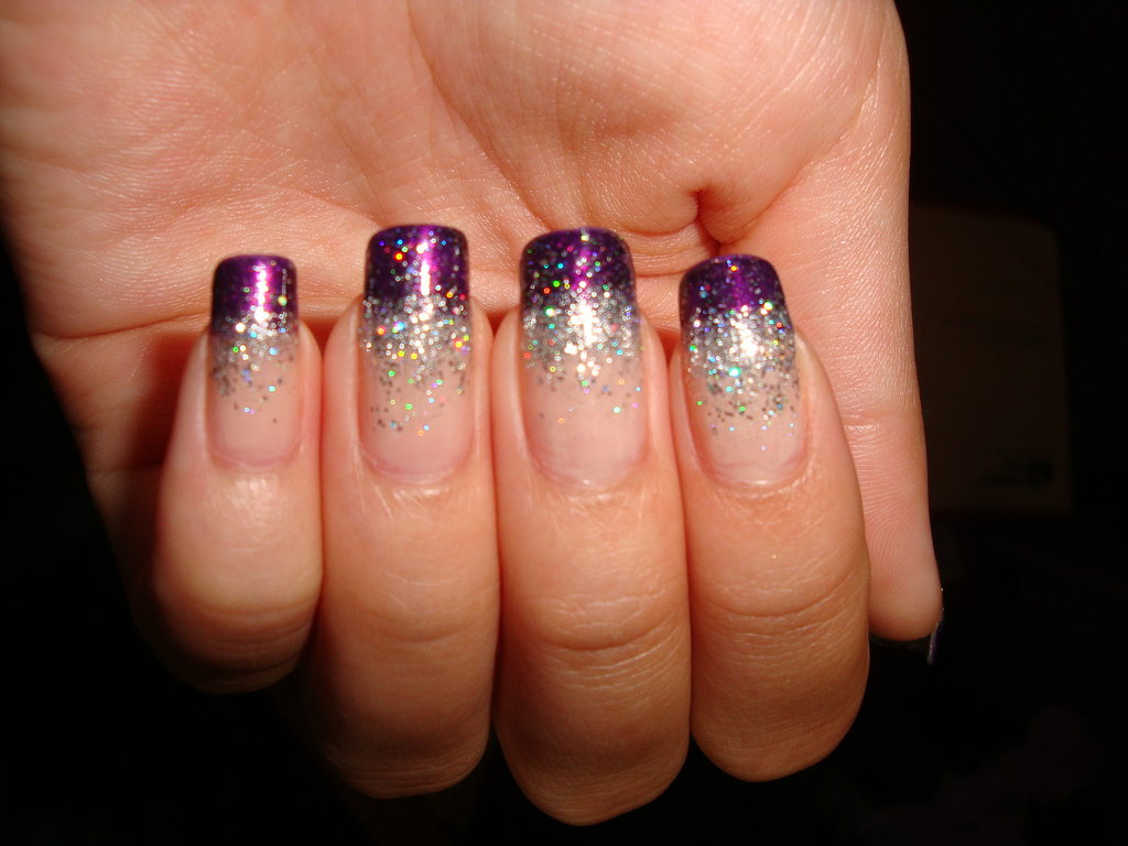Purple And Silver Glitter Tip Gradient Nail Art