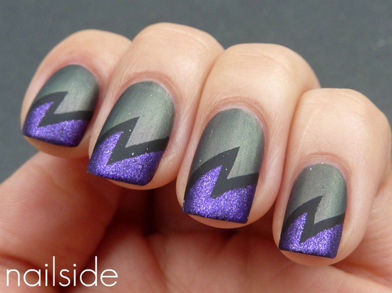 Purple Glitter And Gray Design Nail Art