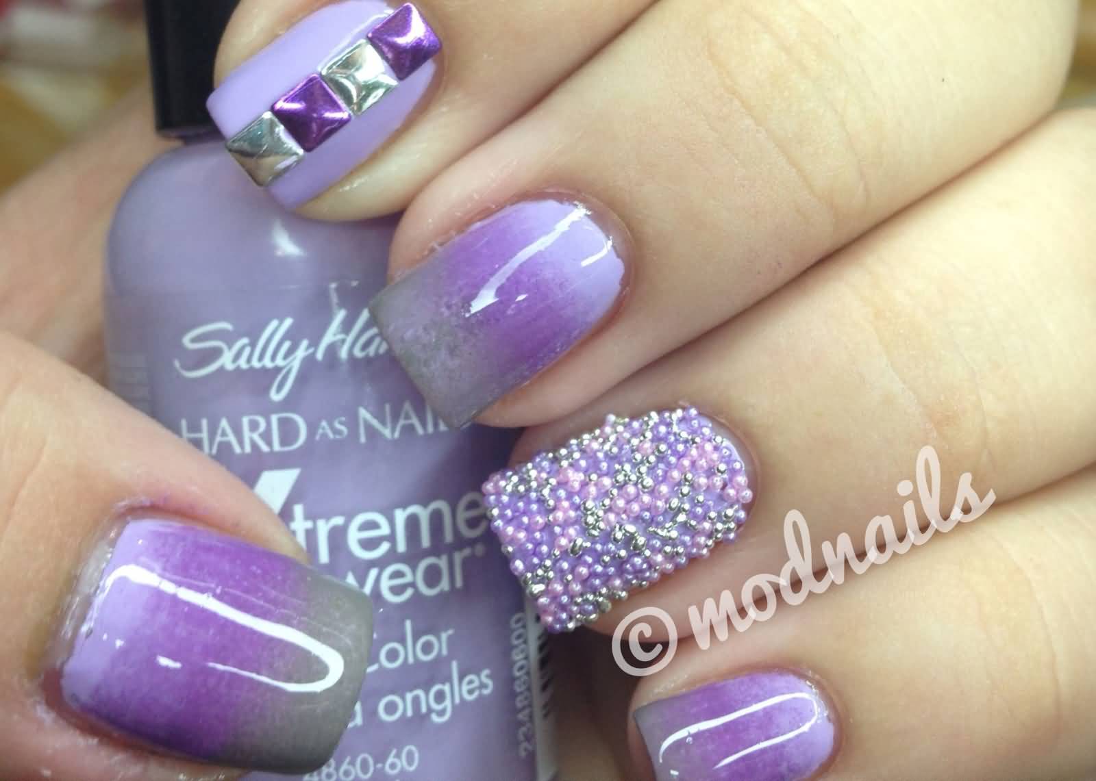 Purple Gradient Nail Art With Studs Design Idea