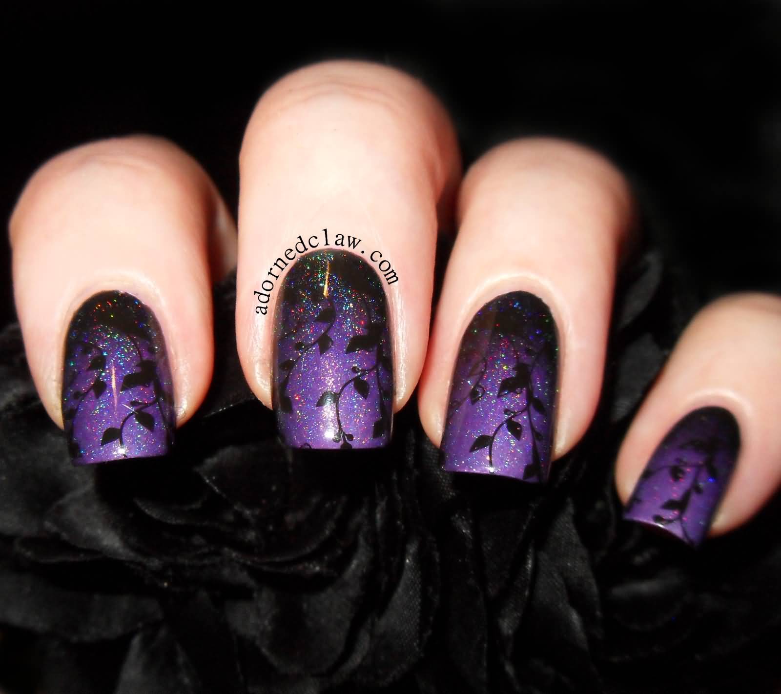 Purple Gradient With Black Flowers Nail Art