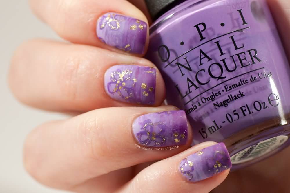 Purple Gradient With Gold Flower Nail Art