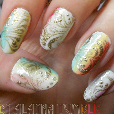 Rainbow White Gradient With Gold Filigree Nail Art