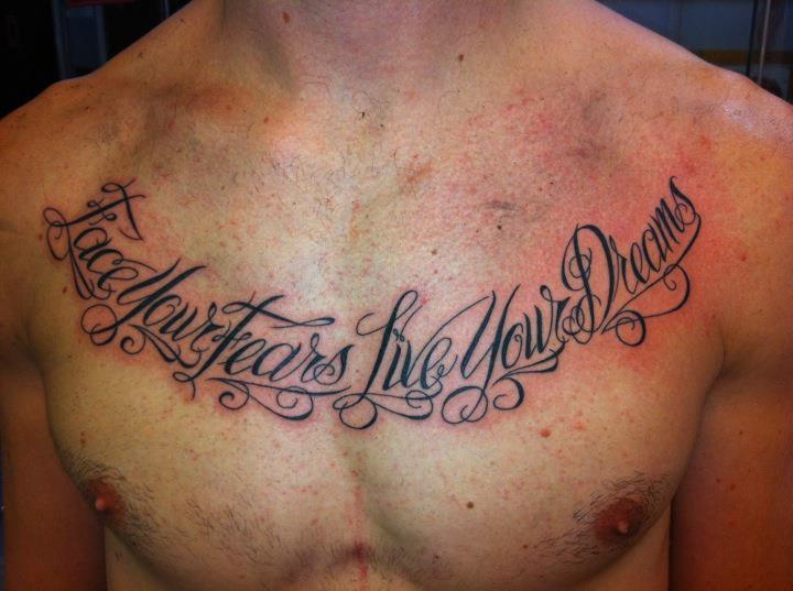 Real Madrid Theme Wording Tattoo On Chest For Men