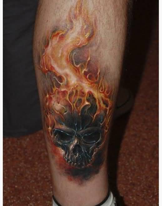 Realistic Flaming Scary Skull Tattoo On Leg