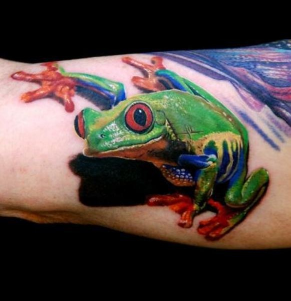 Realistic Green Frog Tattoo On Arm