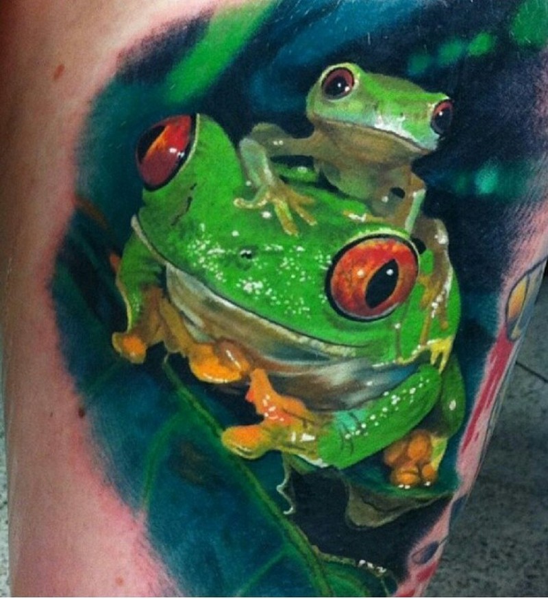 Realistic Green Frogs Watercolor Tattoo