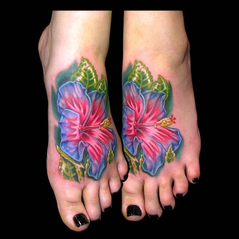 Realistic Hibiscus Tattoo On Foot By Aaron Goolsby