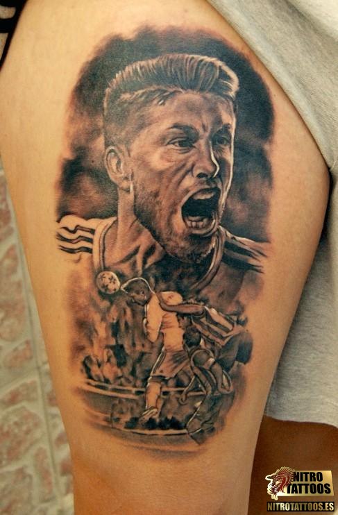 Realistic Real Madrid Team Theme Tattoo On Thigh