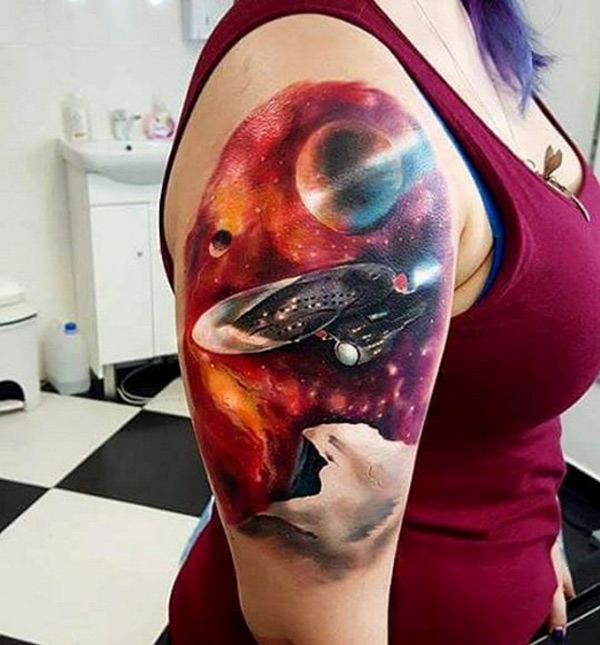 Realistic Star Trek Space Tattoo On Right Half Sleeve