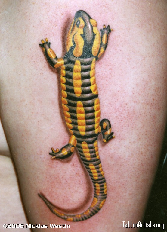 Realistic Yellow Ink Salamander Tattoo On Half Sleeve