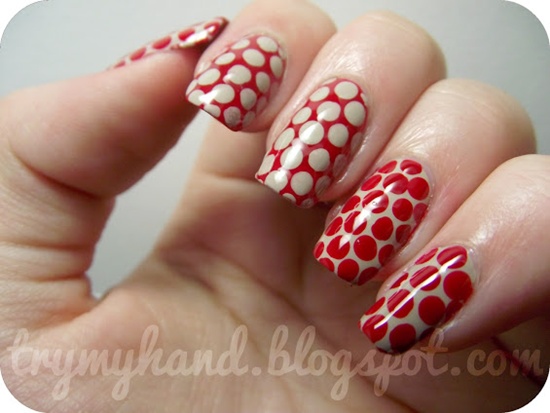 Red And Beige Polka Dots Nail Art