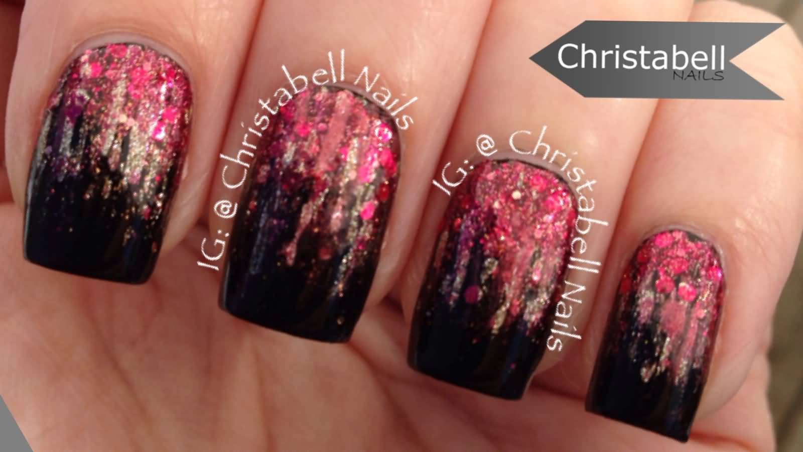 Red And Gold Glitter With Black Gradient Nail Art