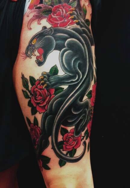 Red Roses And Black Panther Tattoo On Leg by Chris Garver