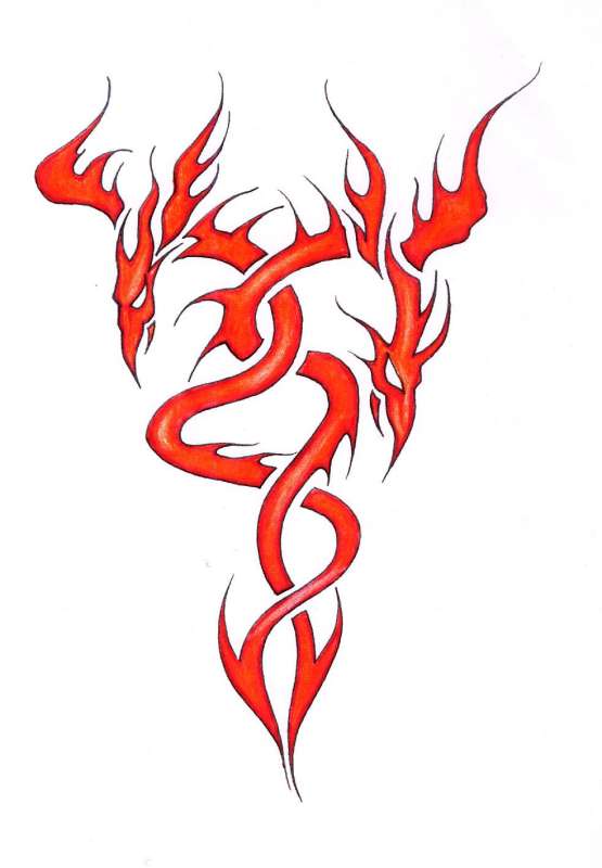 Red Two Fire And Flame Dragon Tattoo Stencil