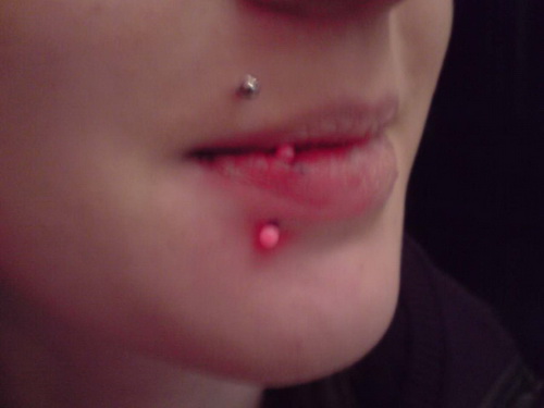 Right Monroe And Side Labret Piercing With Pink Barbell
