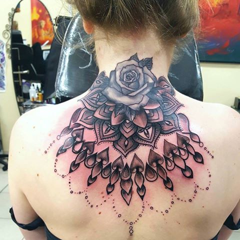 Rose Flower And Mandala Tattoo On Girl Upper Back by Marco Ventura