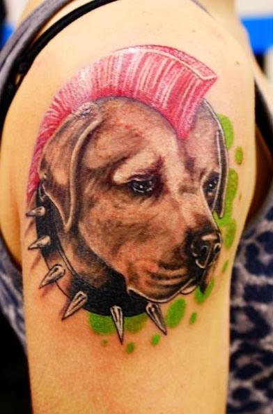 Sad Punk Dog Tattoo On Right Shoulder For Girls