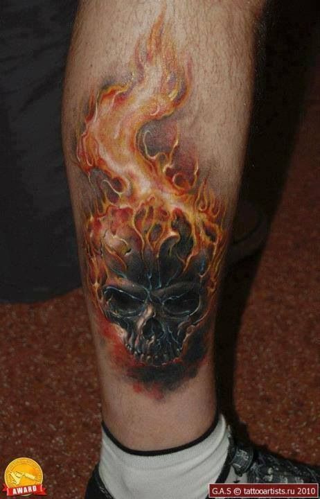 Scary 3D Flaming Skull Tattoo On Leg