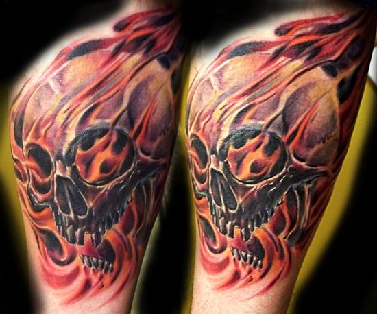 Scary Color Ink Flaming Skull Tattoo