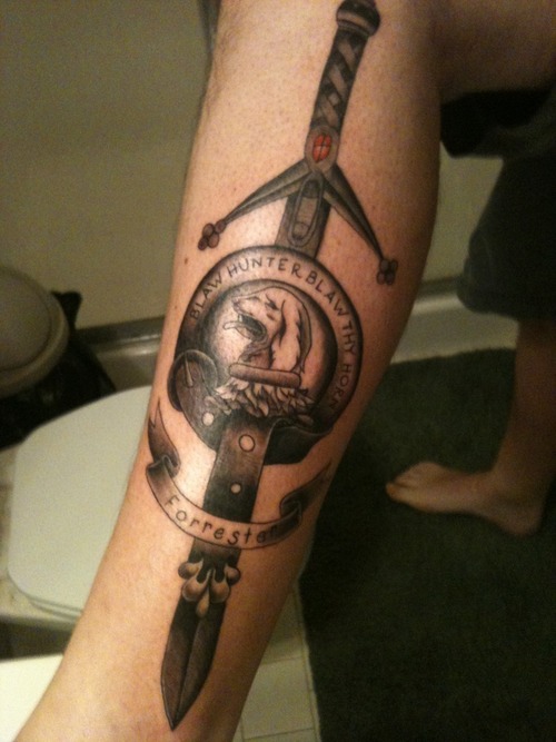 Scottish Family Crest With Dagger Tattoo On Leg