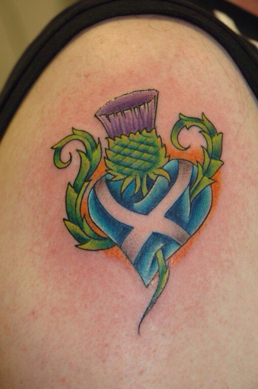 Scottish Flag Heart And Thistle Tattoo On Right Shoulder