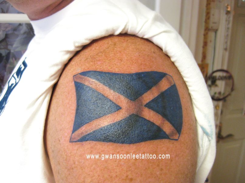 Scottish Flag Tattoo On Left Shoulder