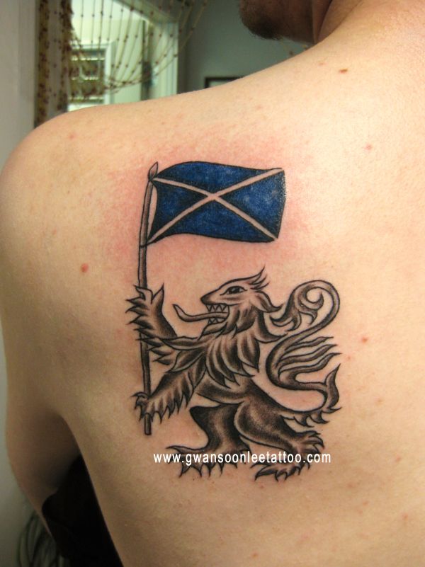 Scottish Flag With Lion Tattoo On Back Shoulder